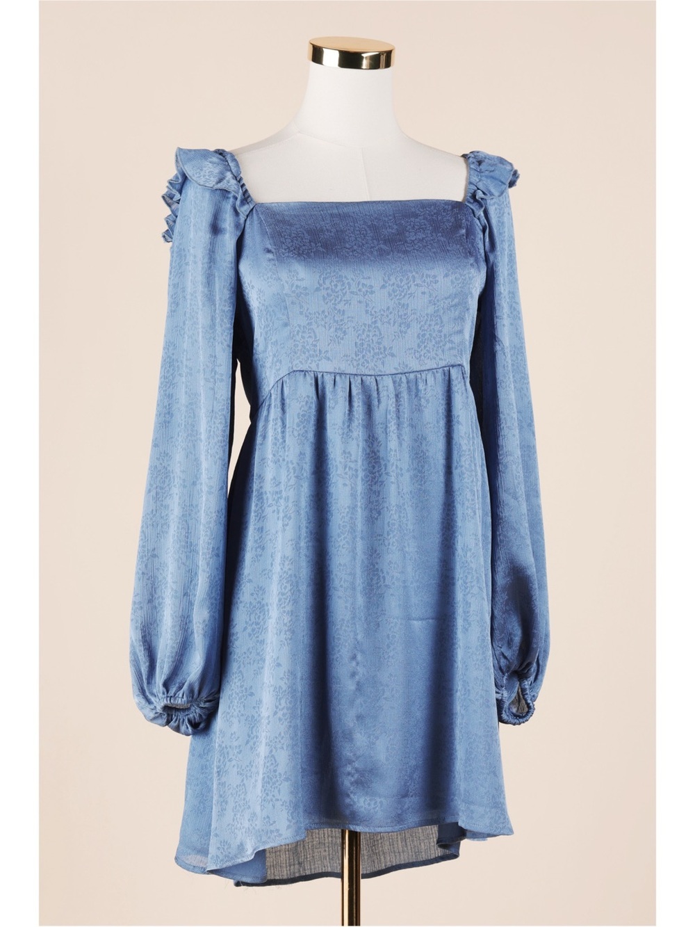 Sz L Altar’d State Blue Floral Jacquard Square Neck Puff Sleeve Mini Dress EUC